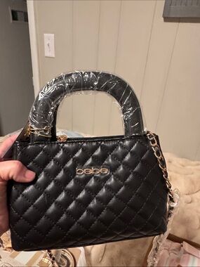 bebe Black Quilted Top-Handle Satchel with Gold Chain